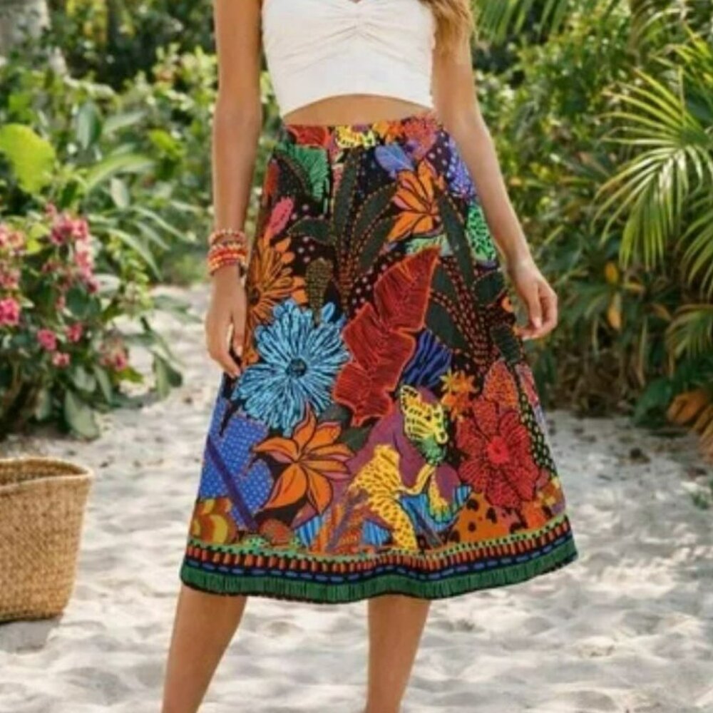 Farm Rio Black Cool Leopards Midi Skirt